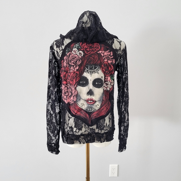 Lucky 13 Jackets & Blazers - Lucky 13 Sugar Skull Lace Hoodie Sheer Goth Zip Up Womens Small